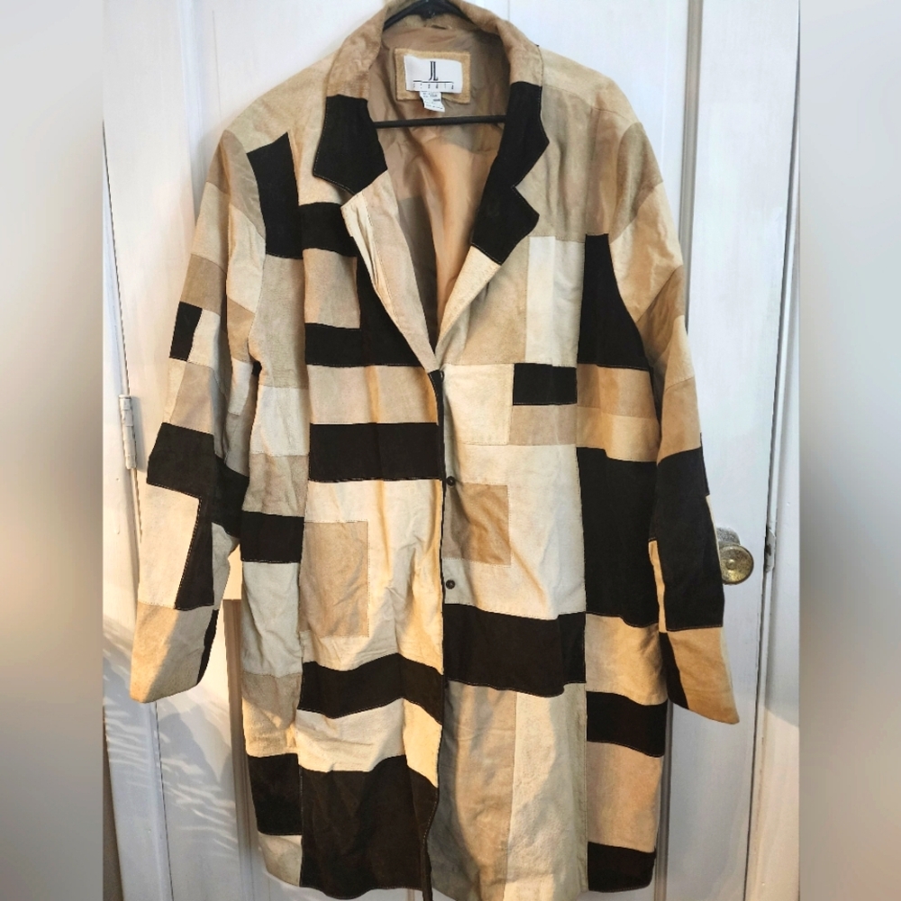 JL Studio 100% suede patchwork coat, size 26W. Brown, tan,khaki,cream color